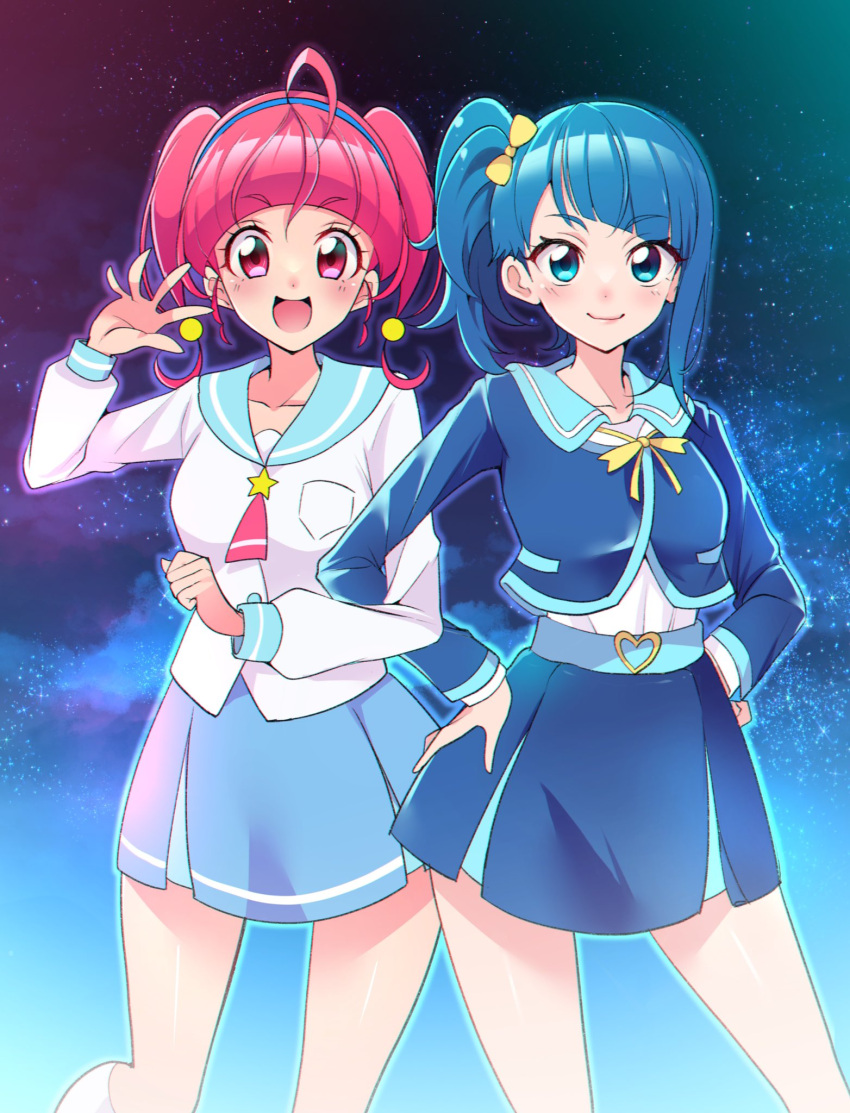 ahoge, belt, blue_eyes, blue_hair, blue_headband, blue_sailor_collar, blue_skirt, earrings, headband, highres, hirogaru_sky!_precure, hoshina_hikaru, jewelry, long_hair, long_sleeves, mihoshi_middle_school_uniform, mitsuki_tayura, pink_eyes, pink_hair, precure, sailor_collar, school_uniform, serafuku, side_ponytail, single_sidelock, skirt, sora_harewataru, sorashido_academy_school_uniform, star_twinkle_precure, twintails