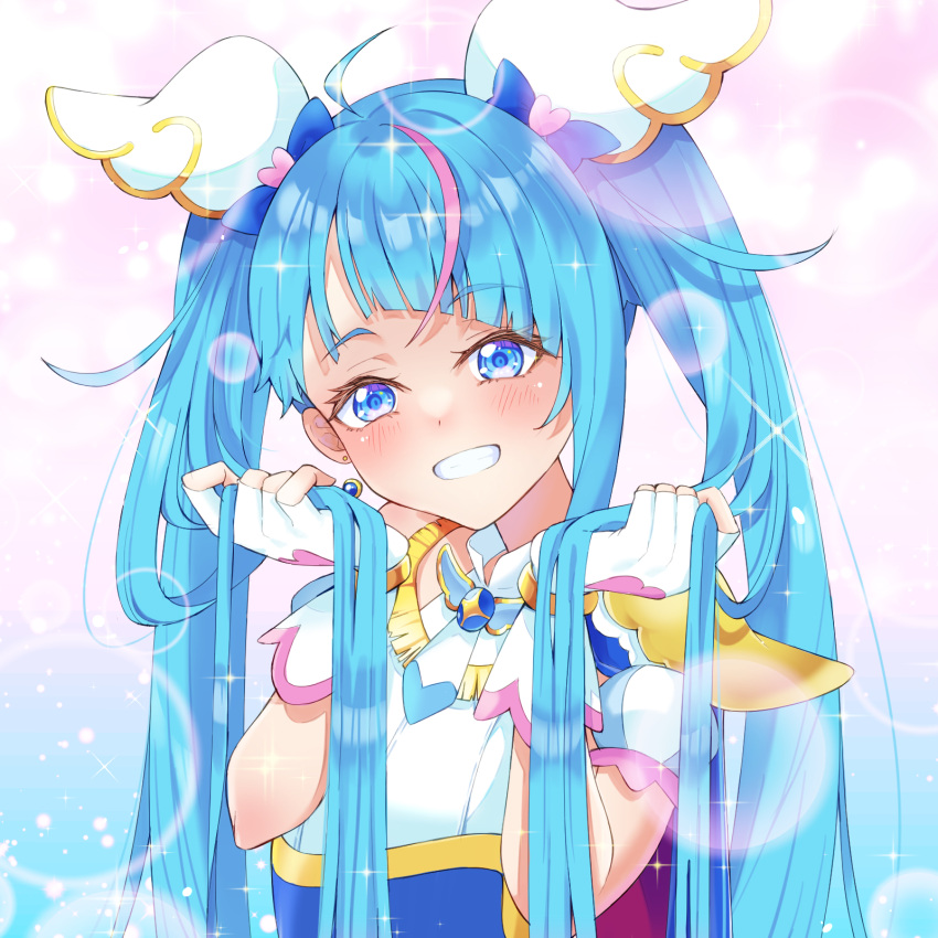 1girl, ahoge, blue_eyes, blue_hair, blush, brooch, commentary_request, cure_sky, detached_sleeves, earrings, fingerless_gloves, gloves, grin, highres, hirogaru_sky!_precure, holding, holding_hair, jewelry, long_hair, magical_girl, mu-chu, precure, puffy_detached_sleeves, puffy_sleeves, single_earring, smile, solo, sora_harewataru, twintails, very_long_hair, white_gloves, wing_brooch, wing_hair_ornament