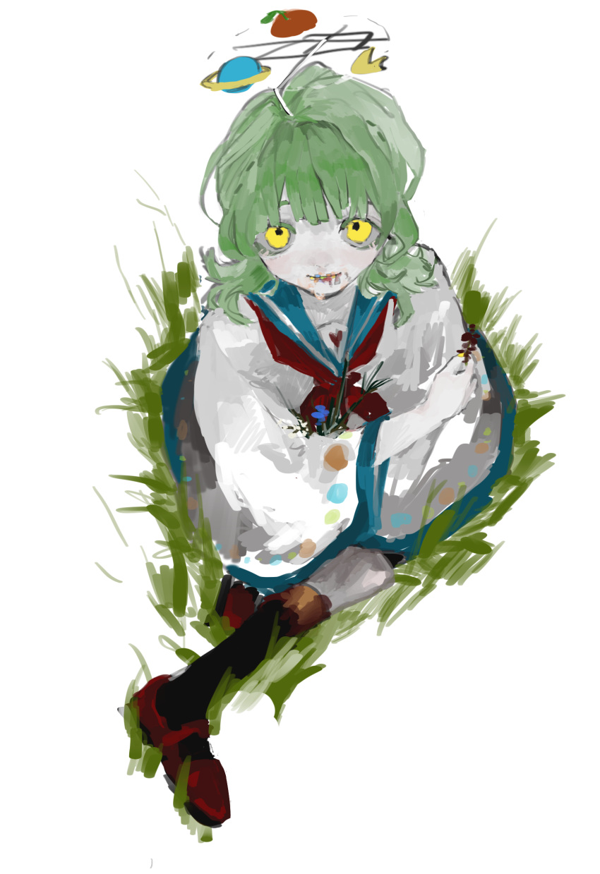 1girl, absurdres, black_socks, blue_flower, blue_sailor_collar, closed_mouth, colored_sclera, crescent