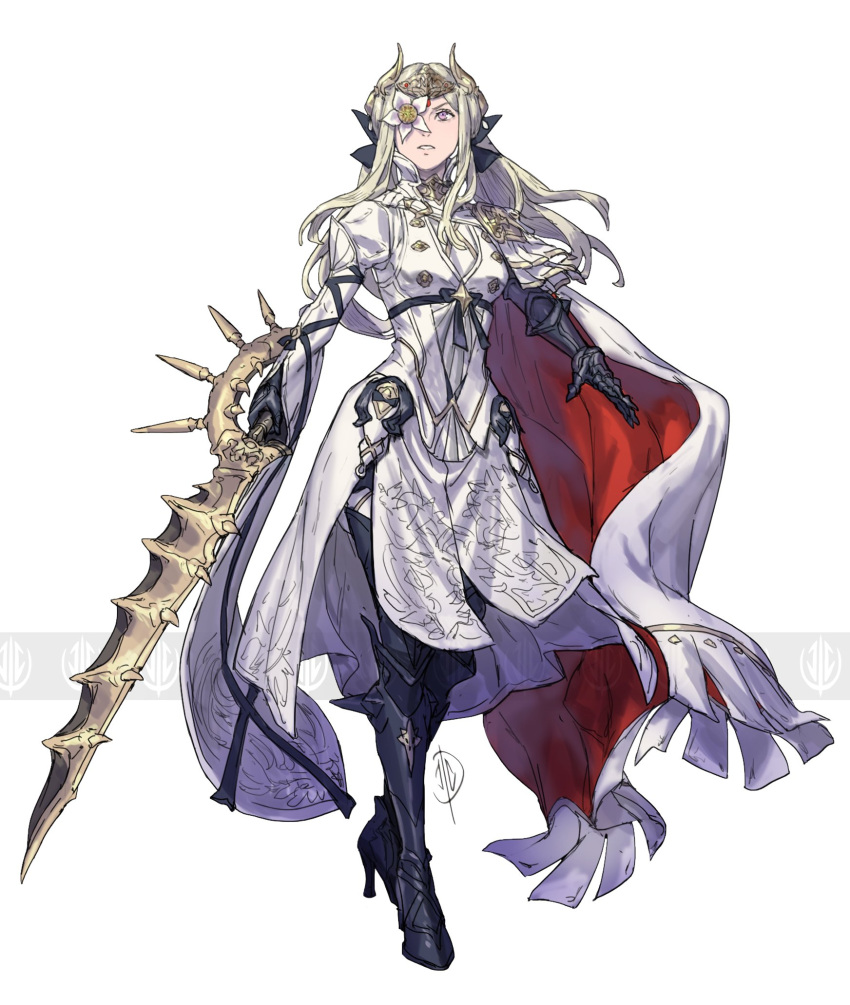 1girl, breasts, cape, crossover, drag-on_dragoon, drag-on_dragoon_3, dress, edelgard_von_hresvelg, fire_emblem, fire_emblem:_three_houses, flower, flower_over_eye, gloves, hair_ornament, high_heels, highres, holding, holding_sword, holding_weapon, horns, jaeon009, long_hair, looking_at_viewer, medium_breasts, solo, sword, tara_platt, violet_eyes, voice_actor_connection, weapon, white_hair, zero_(drag-on_dragoon)