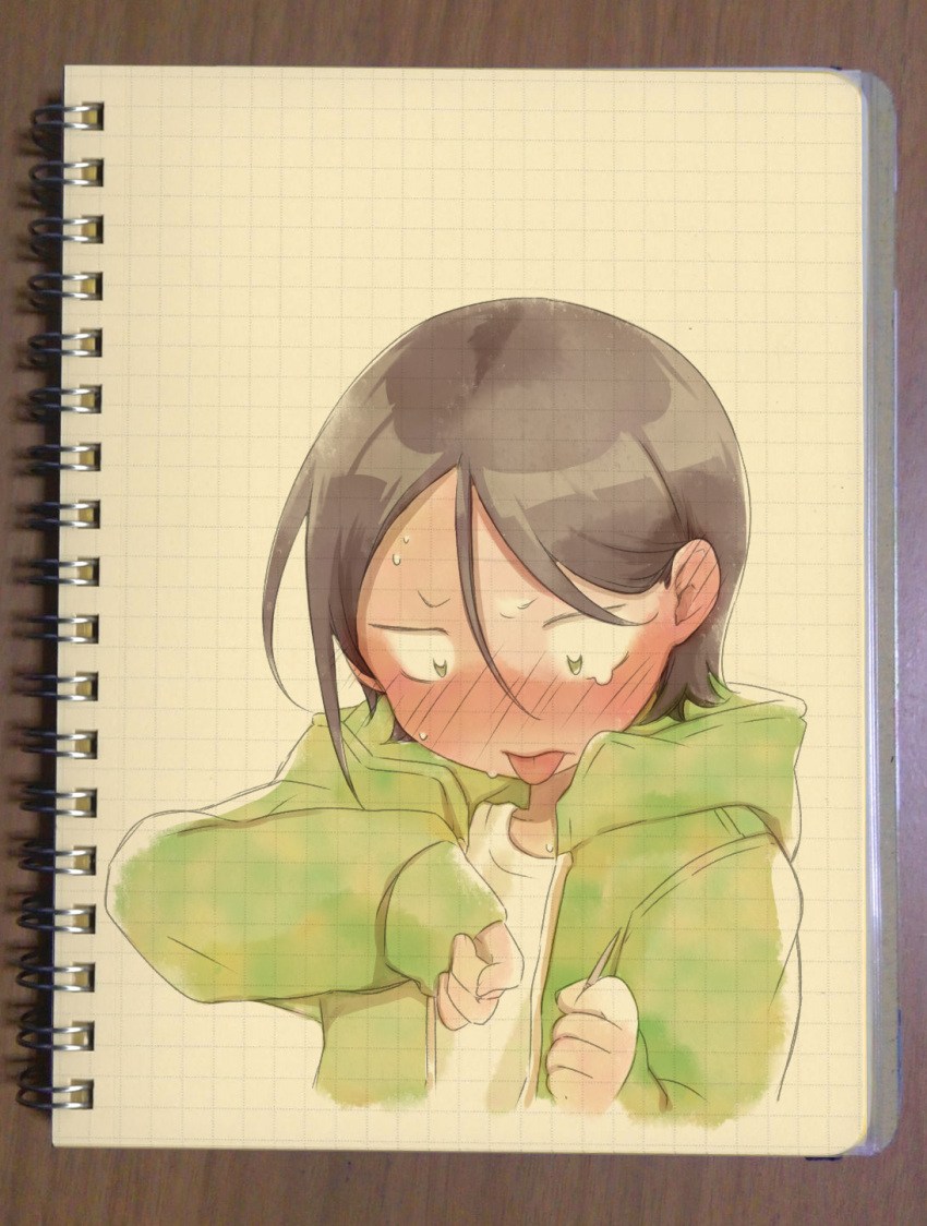 1boy, :p, black_hair, blush, green_eyes, green_jacket, hekicha, highres