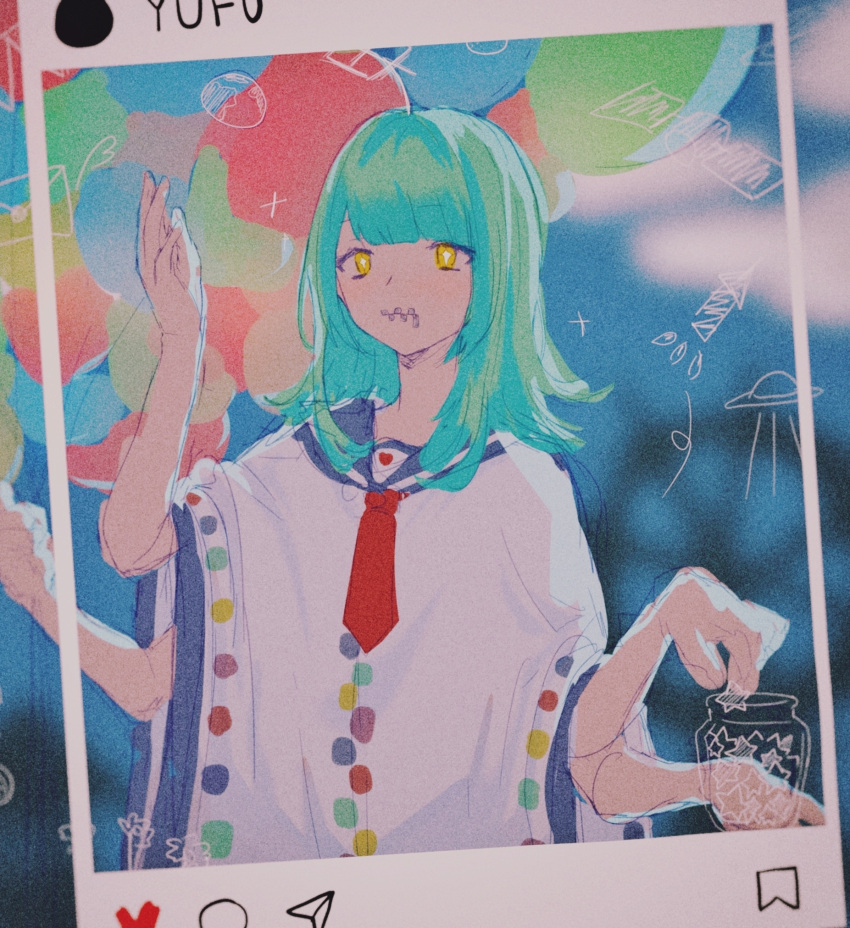 1girl, balloon, blue_sailor_collar, blunt_bangs, envelope, extra_arms, film_grain, flipped_hair