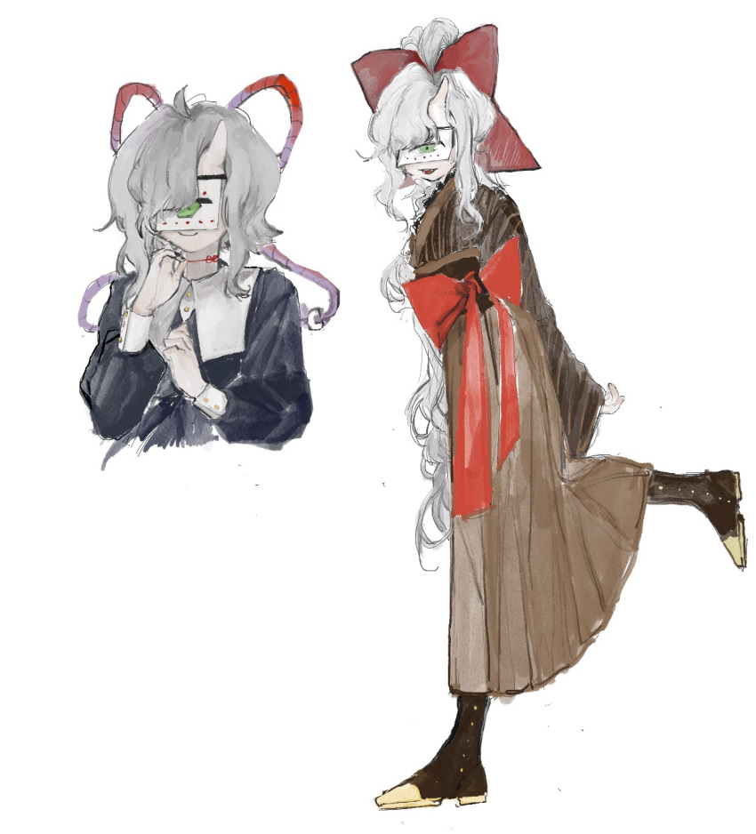 1girl, arms_behind_back, black_nails, black_shirt, boots, bow, brown_hakama, brown_kimono, choker, closed_mouth, covered_eyes, cropped_torso, frilled_kimono, frills, full_body, green_eyes, grey_hair, hair_bow, hair_ribbon, hakama, hand_on_own_chest, hands_up, high_ponytail, highres, horns, japanese_clothes, kimono, kuzuda_yone, long_hair, long_sleeves, mo_mei_hu, multiple_views, one-eyed, oni_horns, open_mouth, puffy_long_sleeves, puffy_sleeves, red_bow, red_ribbon, ribbon, ribbon_choker, shirt, sidelocks, simple_background, single_horn, sleeve_cuffs, smile, standing, standing_on_one_leg, striped, striped_kimono, utau, vertical-striped_kimono, vertical_stripes, very_long_hair, waist_bow, wavy_hair, white_background, white_hair, wide_sleeves