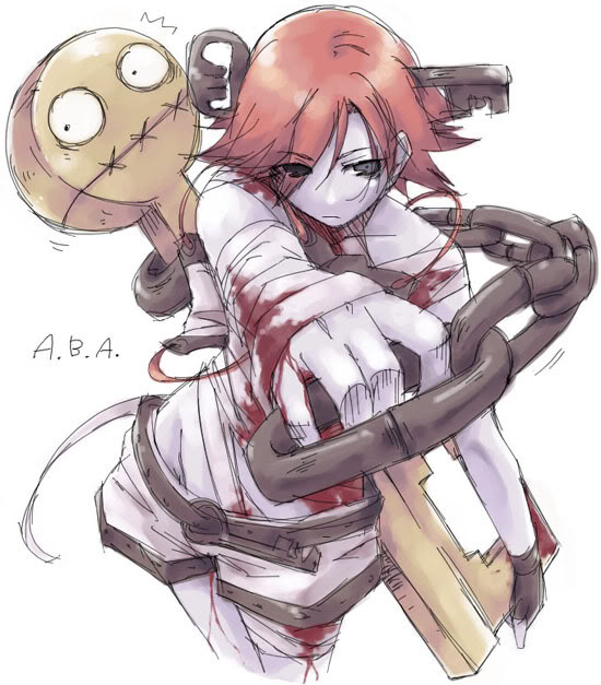 1girl, a.b.a, bandage, bandages, blood, bloody_clothes, chain, chains