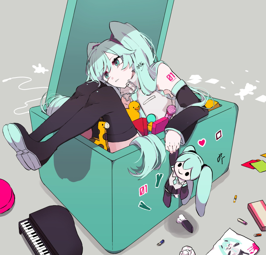 1girl, aqua_eyes, aqua_necktie, black_footwear, blue_hair, boots, box, broken