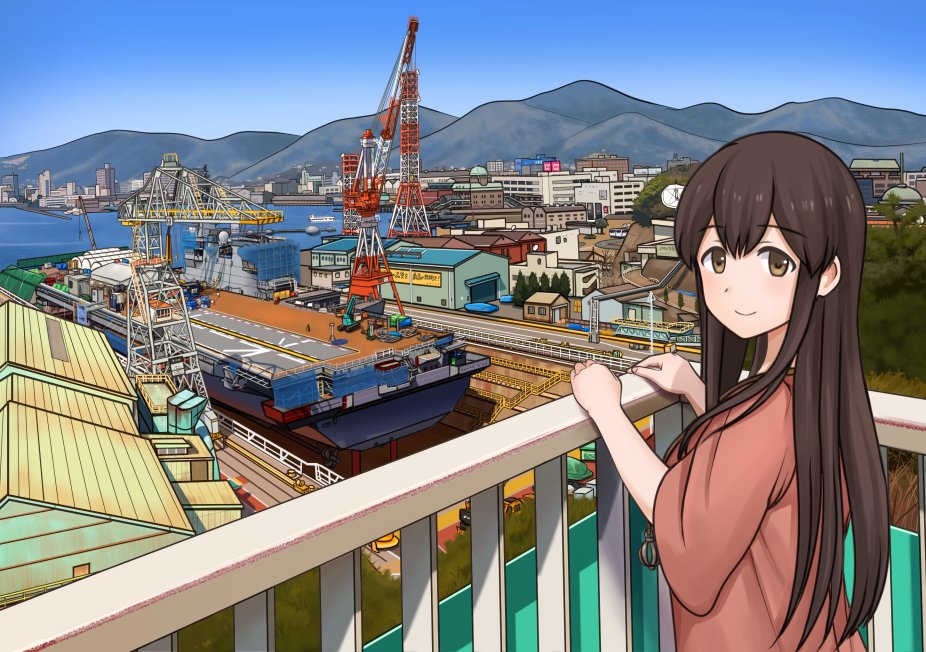 1girl, akagi_(kancolle), brown_eyes, brown_hair, brown_shirt, building, closed_mouth, day