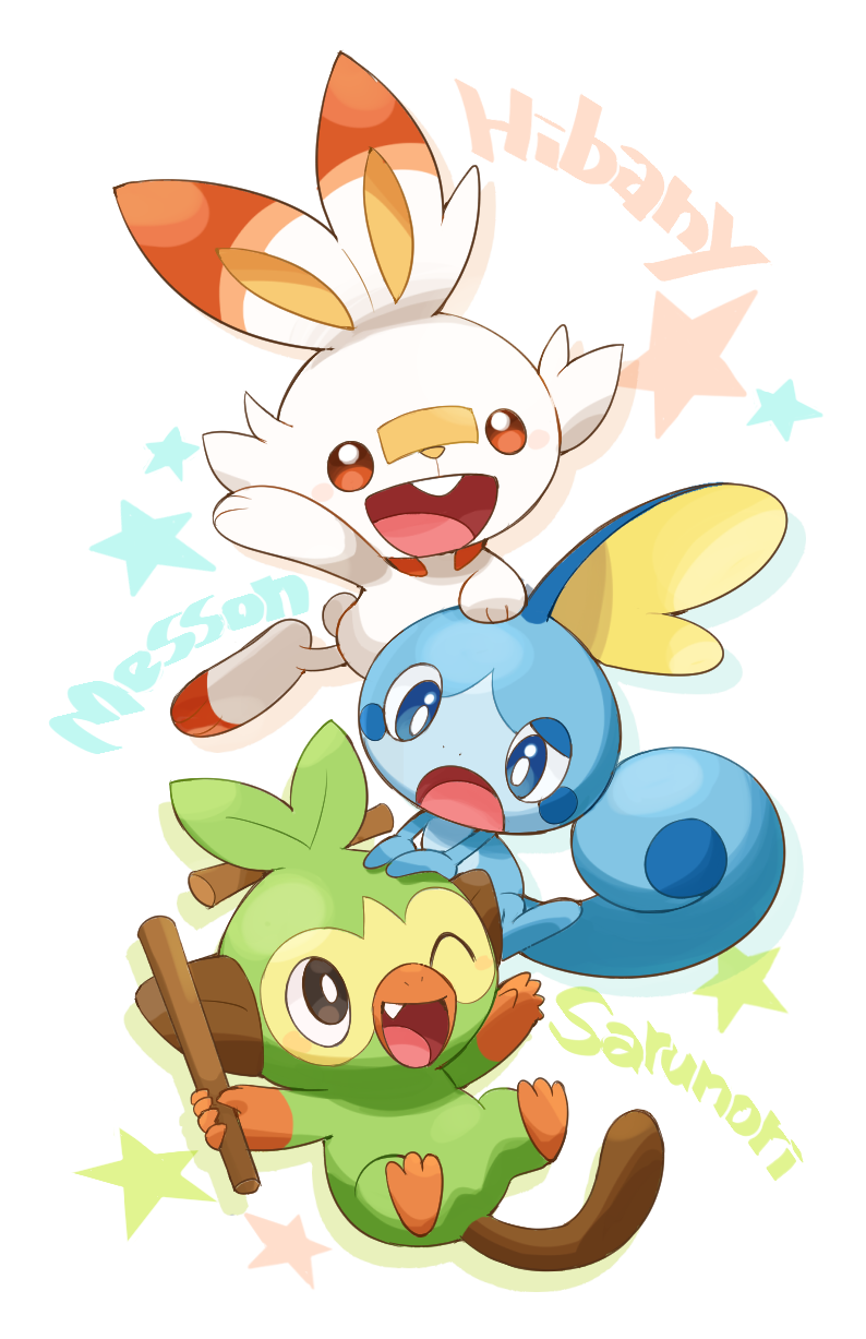 blue_eyes, commentary, fang, grey_eyes, grookey, hand_on_another's_head, hand_up, highres