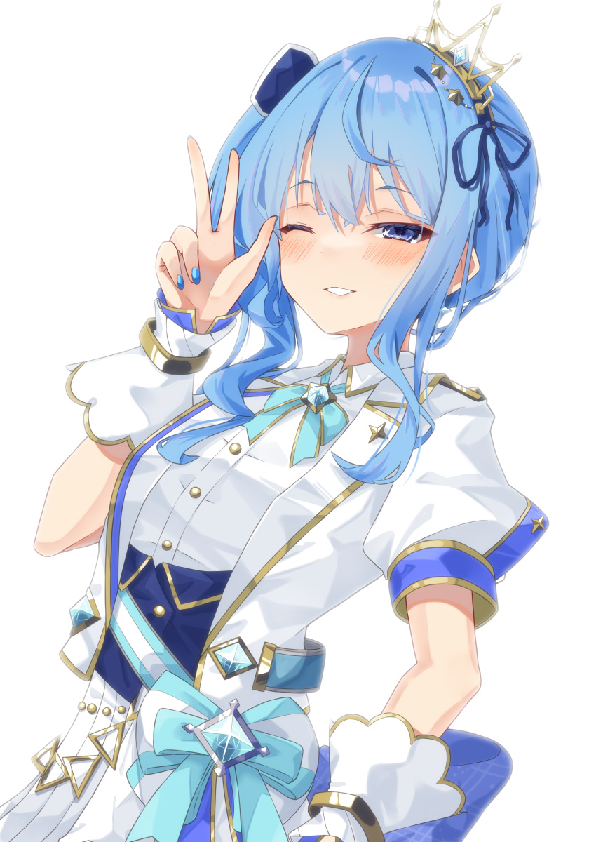 1girl, absurdres, blue_eyes, blue_hair, blue_nails, blush, collar, collared_shirt