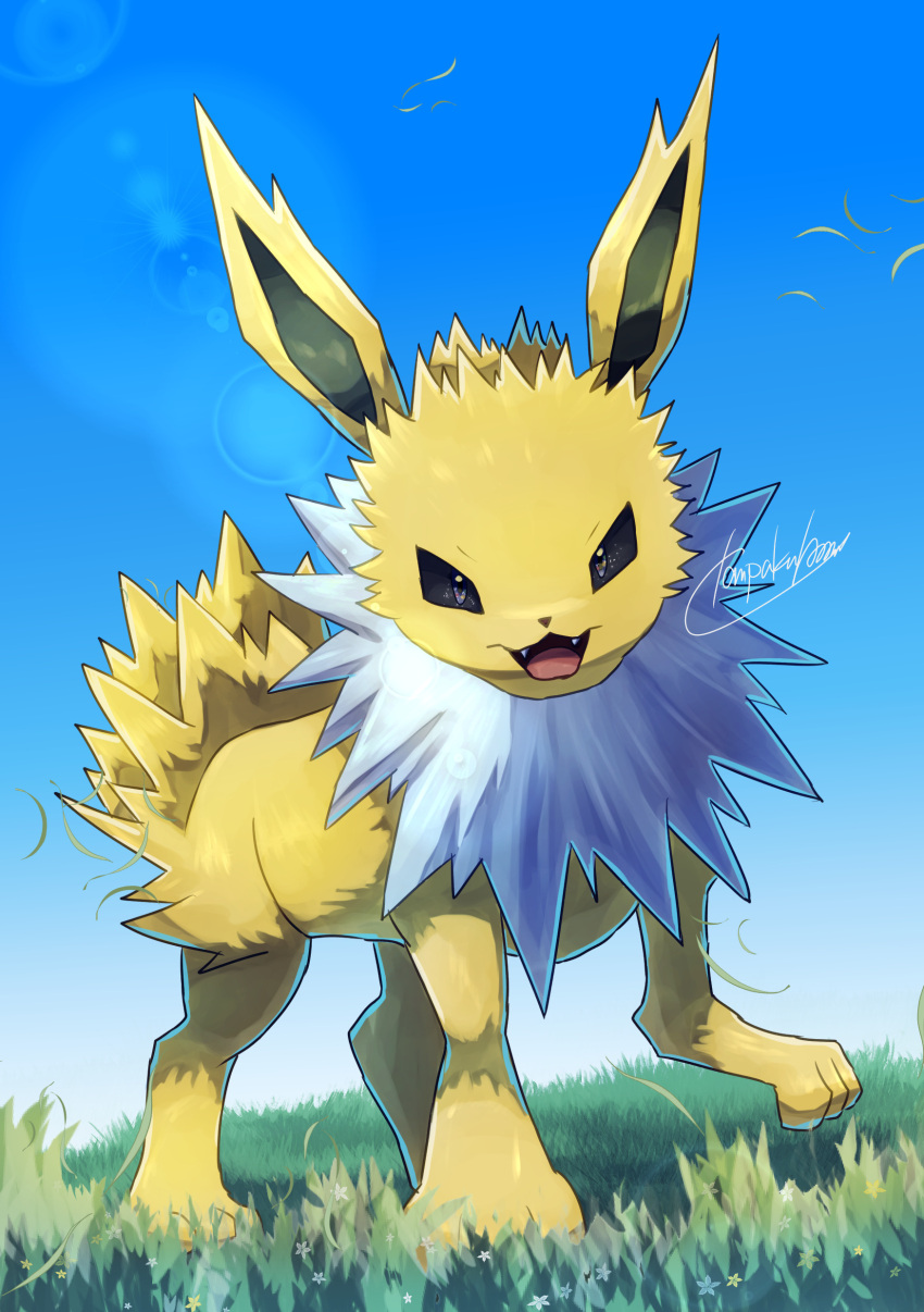 :d, absurdres, commentary_request, day, fangs, from_below, grass, highres, jolteon, lens_flare, looking_down, no_humans, open_mouth, outdoors, pokemon, pokemon_(creature), signature, sky, smile, solo, standing, tanpakuroom, tongue