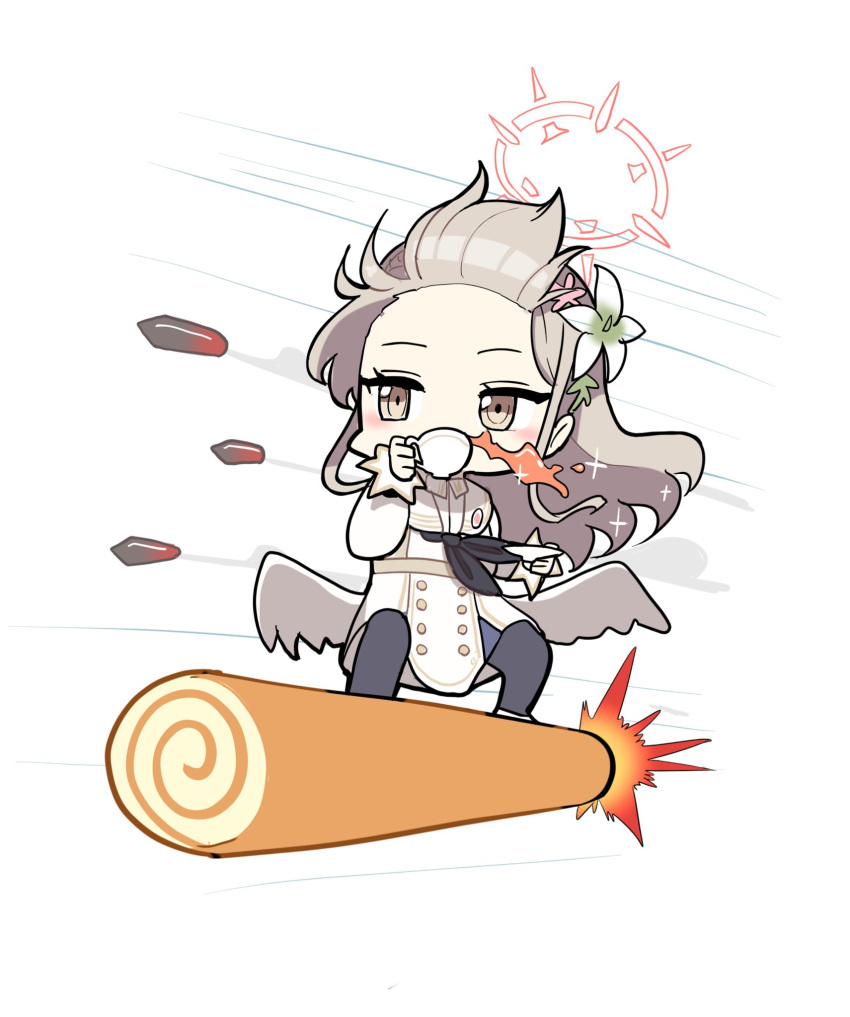 1girl, angel_wings, black_pantyhose, blue_archive, brown_eyes, cake, chibi, commentary_request, cup, dress, dual_wielding, feathered_wings, fire, flower, food, forehead, full_body, grey_hair, hair_flower, hair_ornament, halo, highres, holding, holding_cup, holding_plate, long_hair, long_sleeves, looking_at_viewer, milk_tea, missile, nagisa_(blue_archive), pantyhose, plate, riding, school_uniform, serafuku, shell_casing, shoulder_strap, sidelocks, simple_background, skating, solo, swiss_roll, takuan_(taku1219oekaki), teacup, white_background, white_dress, white_wings, wind, wings