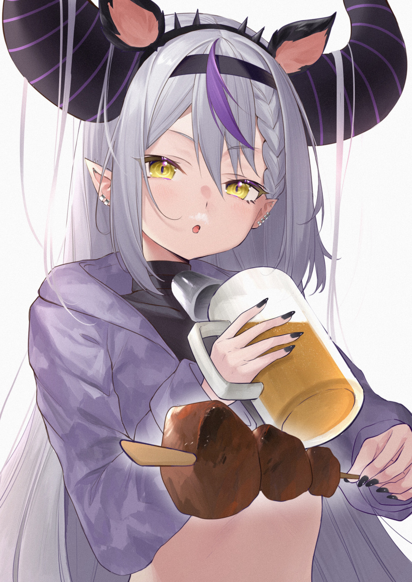 1girl, absurdres, alcohol, beer, beer_mug, bega_(omuraisu_820), black_nails, black_shirt, braid, braided_bangs, cup, earrings, food, grey_hair, highres, holding, holding_food, hololive, hood, hoodie, horns, jewelry, la+_darknesss, long_hair, long_sleeves, looking_at_viewer, meat, mug, multicolored_hair, nail_polish, open_mouth, pointy_ears, purple_hair, purple_hoodie, shirt, single_braid, solid_eyes, streaked_hair, virtual_youtuber