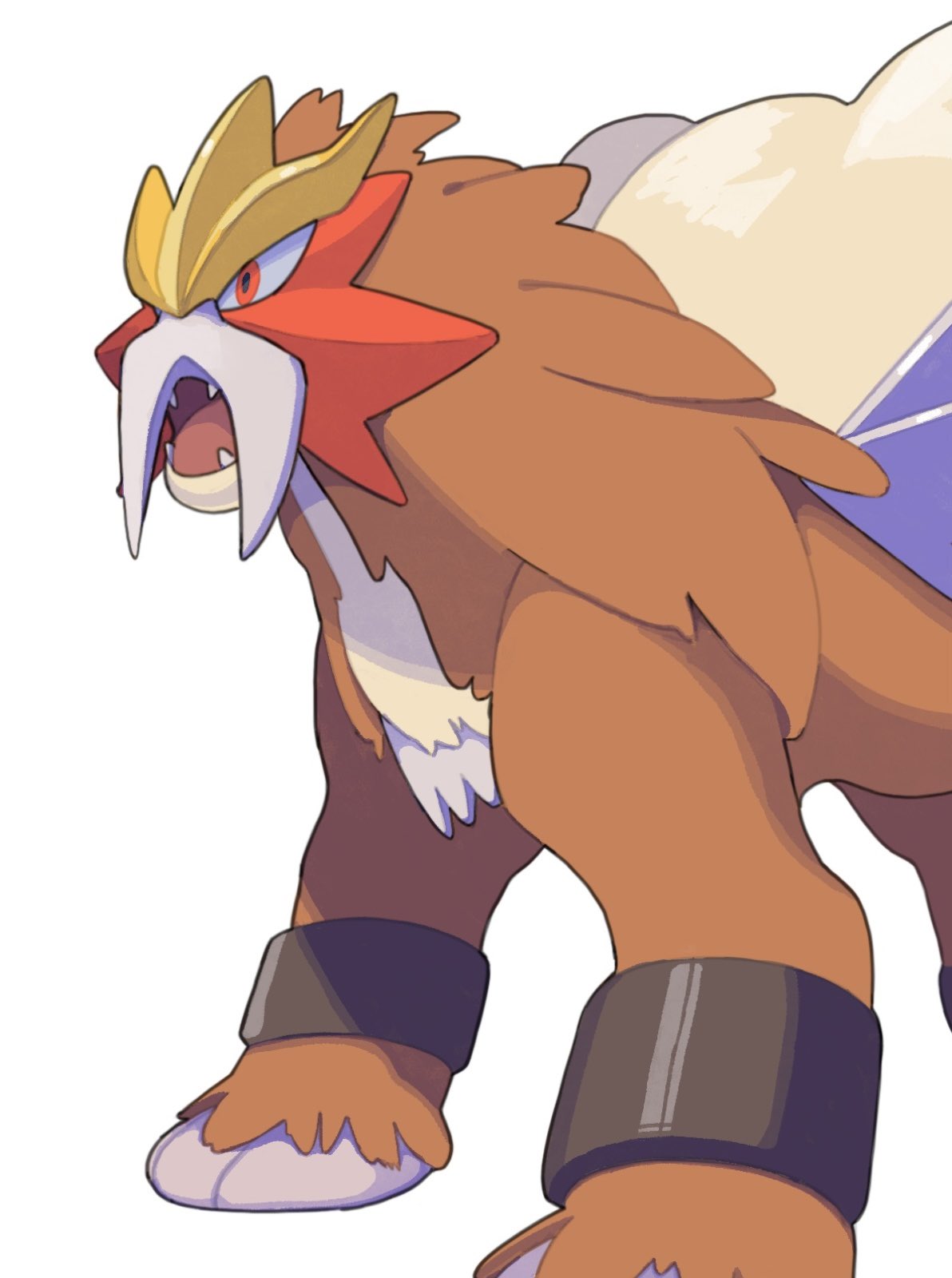 animal_focus, brown_fur, entei, fangs, gogot, highres, no_humans, open_mouth, pokemon, pokemon_(creature), simple_background, solo, standing, tongue, white_background