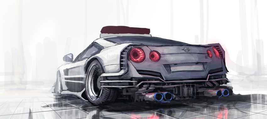 absurdres, car, from_behind, highres, motor_vehicle, nissan, nissan_gt-r, no_humans