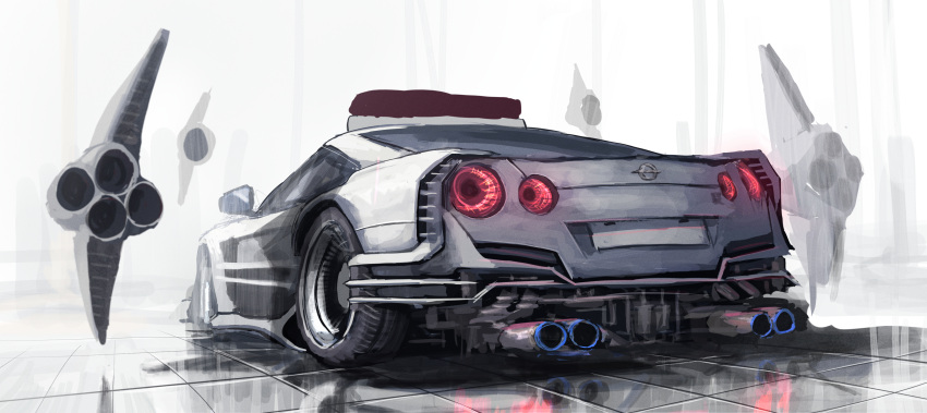 absurdres, car, from_behind, highres, motor_vehicle, nissan, nissan_gt-r, no_humans