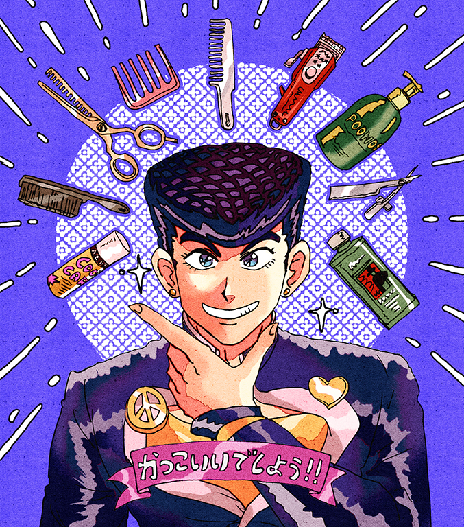 1boy, blue_eyes, electric_razor, finger_frame, gakuran, grin, hairspray, heart_ornament