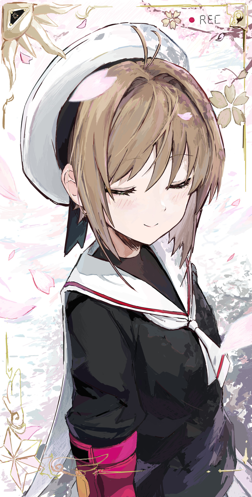 1girl, absurdres, ace_kin, antenna_hair, black_shirt, blush, brown_hair, brown_shirt