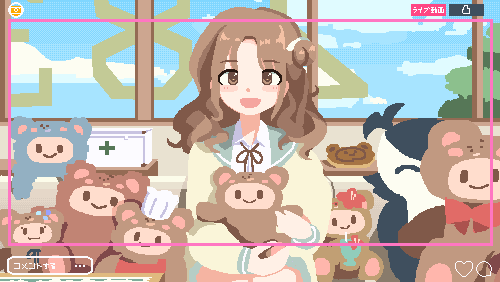 1girl, animated, animated_gif, blush, brown_eyes, brown_hair, character_request, closed_mouth, idolmaster, indoors, long_hair, looking_at_viewer, lowres, open_mouth, pixel_art, pxllb, smile, solo, translation_request