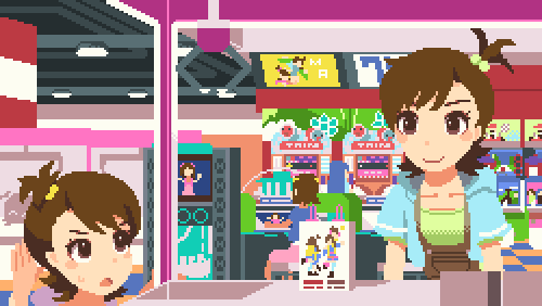 2girls, amami_haruka, animated, animated_gif, arcade, brown_eyes, brown_hair, concentrating