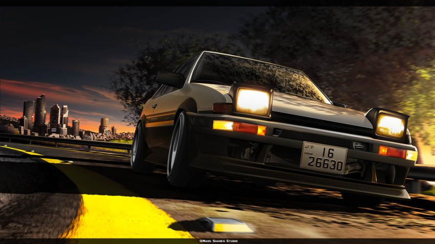 artist_name, car, city, driving, english_commentary, headlight, jordan, letterboxed, license_plate, mads_shades, motor_vehicle, original, outdoors, solo, toyota, toyota_sprinter_trueno, tree, vehicle_focus