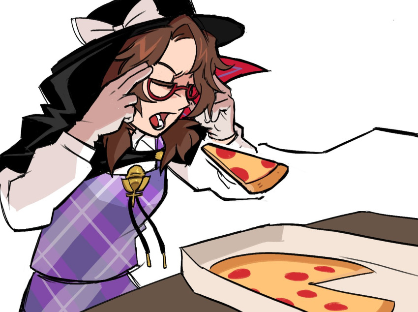 1girl, black_headwear, bow, breasts, brown_hair, closed_eyes, cowboy_shot, food