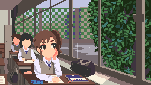3girls, animated, animated_gif, blinking, brown_eyes, brown_hair, bush, cinemagraph