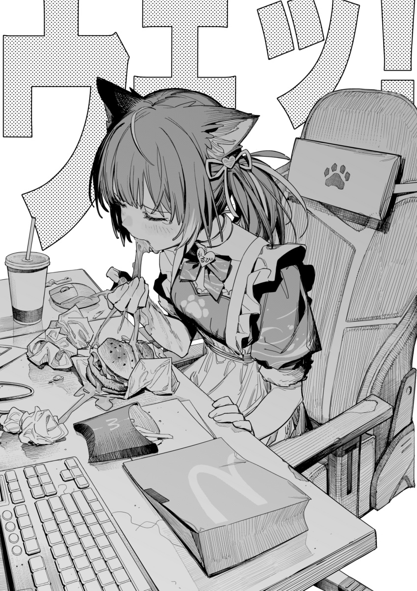 1girl, absurdres, animal_ears, apron, bow, bowtie, burger, cat_ears