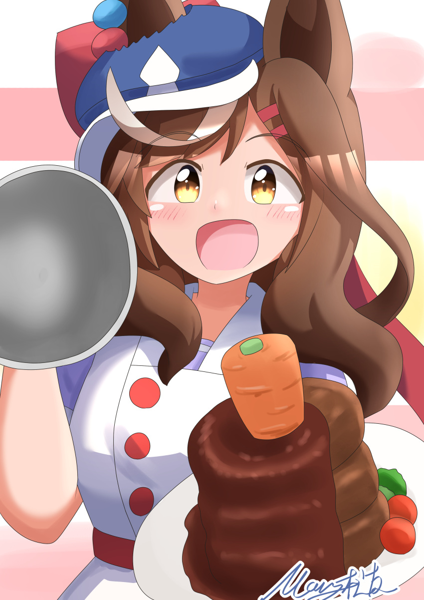 1girl, absurdres, animal_ears, apron, beret, breasts, brown_hair, carrot