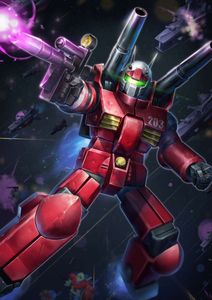 absurdres, assault_visor, beam_rifle, clenched_hand, commentary_request, energy_gun, firing, gm_(mobile_suit)