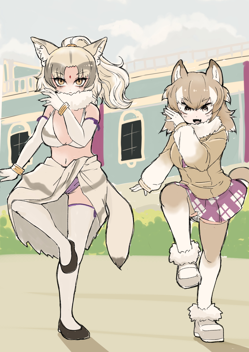 2girls, animal_ears, bags_under_eyes, bare_shoulders, brown_eyes, brown_hair, closed_mouth, dancing