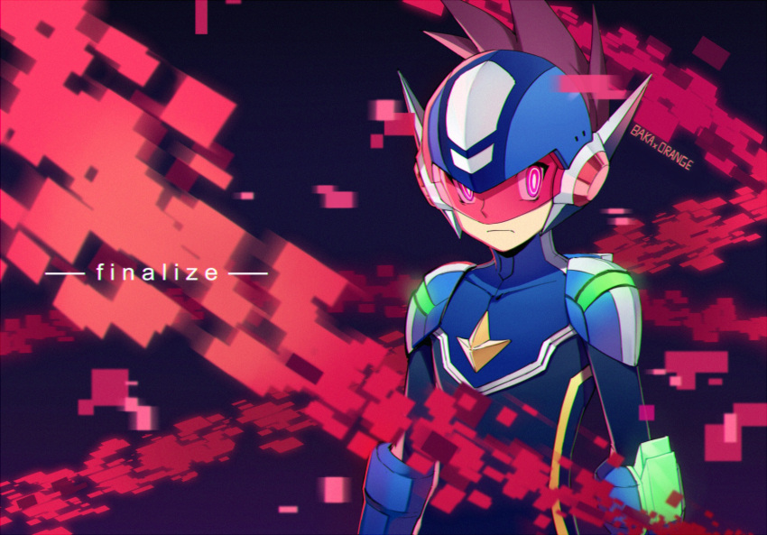 1boy, black_background, brown_hair, commentary_request, english_text, geo_stelar_(mega_man), helmet, highres