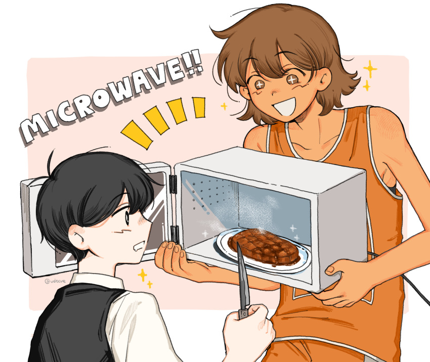 2boys, black_eyes, black_hair, black_sweater_vest, blush, brown_eyes, brown_hair, collarbone
