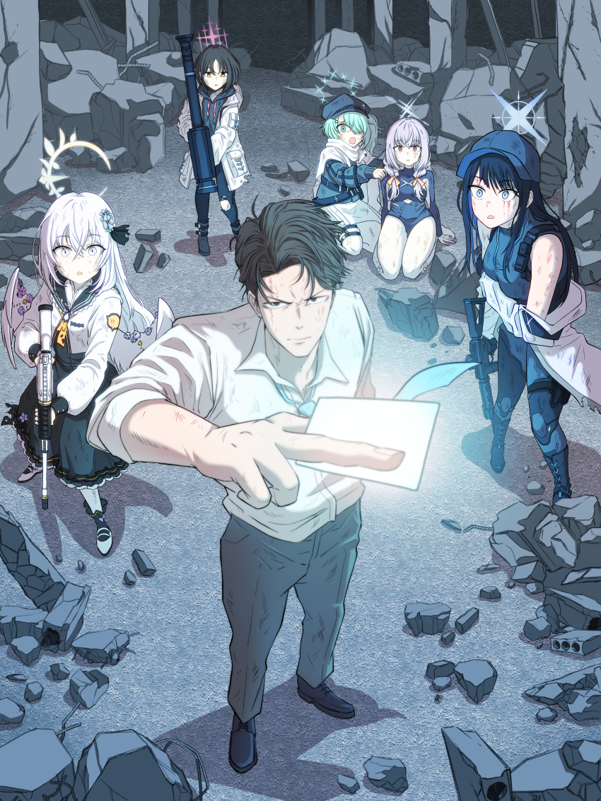 1boy, 5girls, absurdres, angel_wings, aqua_necktie, assault_rifle, atsuko_(blue_archive), azusa_(blue_archive)