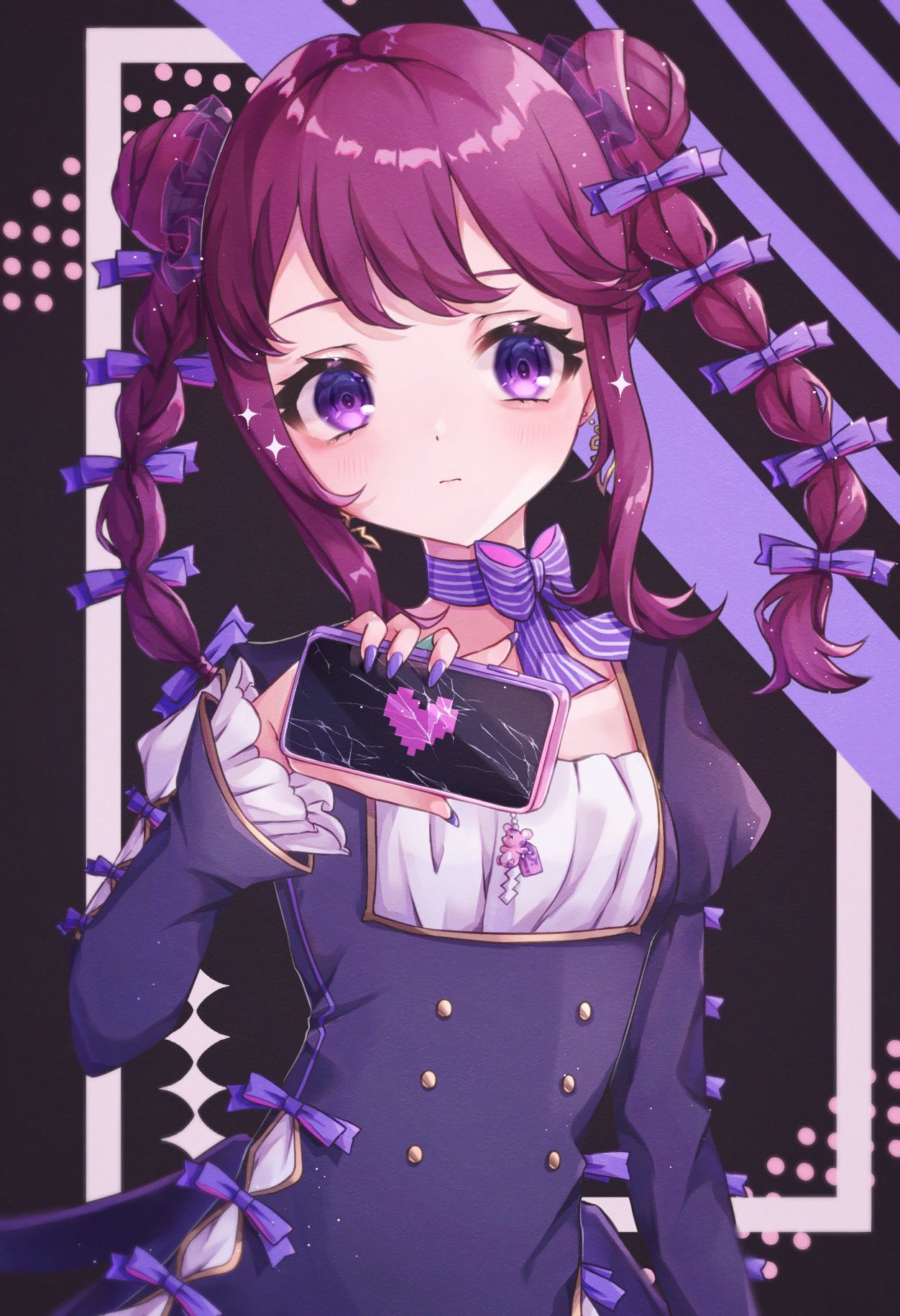0623_zatta, 1girl, blush, bow, braid, broken_screen, cellphone, closed_mouth