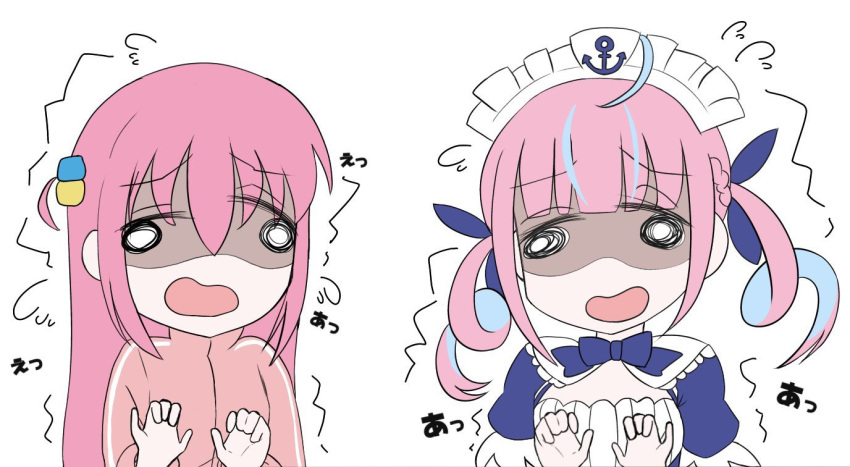 2girls, @_@, ahoge, anchor_symbol, blue_hair, bocchi_the_rock!, commentary_request, cube_hair_ornament