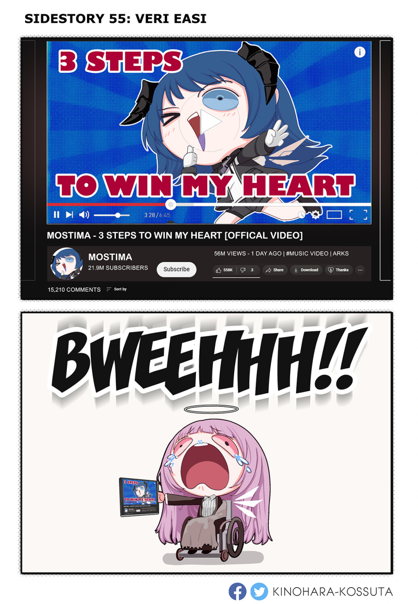2girls, angel_wings, arknights, blue_hair, chibi, crying, crying_with_eyes_open, demon_horns