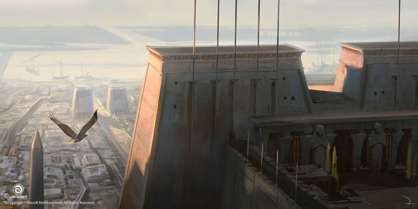 assassin's_creed:_origins, assassin's_creed_(series), bird, city, company_name, concept_art, dechambo, eagle, egyptian_architecture, no_humans, obelisk, outdoors, signature, watermark