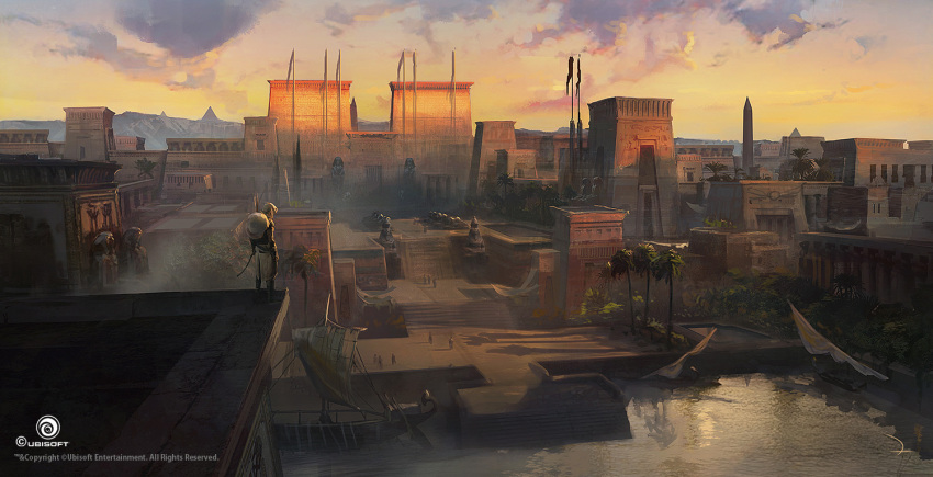 1boy, assassin's_creed:_origins, assassin's_creed_(series), boat, city, company_name, concept_art, dechambo
