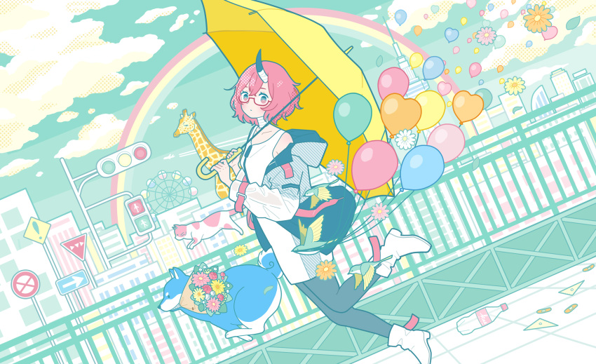 1girl, animal_ears, ankle_boots, balloon, bandaged_horn, bandaged_neck, bandages, black_coat