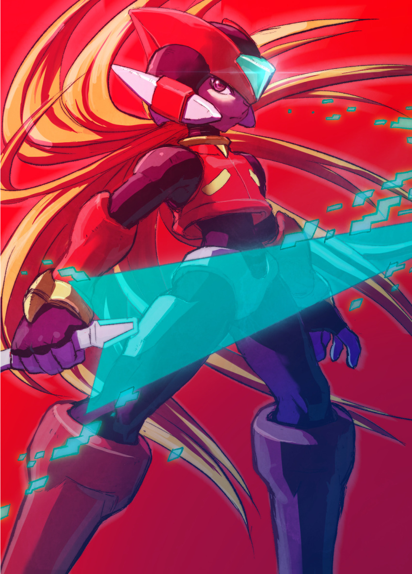 1boy, android, blonde_hair, commentary_request, helmet, highres, holding, holding_sword