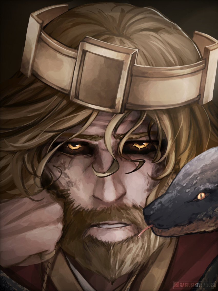 1boy, beard, black_sclera, close-up, colored_sclera, commentary, crown, elden_ring