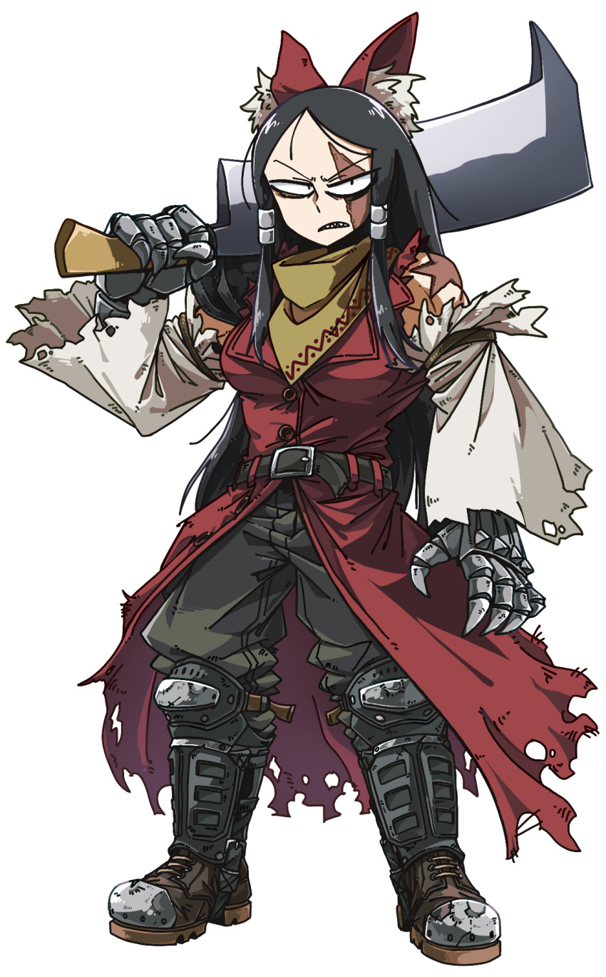 1girl, amerika_zarigani, armored_boots, bags_under_eyes, bandana, belt, black_belt, black_hair, black_pants, boots, breasts, burn_scar, buttons, cleaver, coat, constricted_pupils, cookie_(touhou), detached_sleeves, full_body, gauntlets, glaring, hakurei_reimu, highres, holding, holding_sword, holding_weapon, large_breasts, long_hair, looking_at_viewer, pants, red_coat, scar, scar_across_eye, sharp_teeth, sidelocks, simple_background, solo, standing, swept_bangs, sword, teeth, torn_clothes, torn_coat, torn_sleeves, touhou, transparent_background, v-shaped_eyebrows, weapon, white_sleeves, yellow_bandana, yuki_haruka
