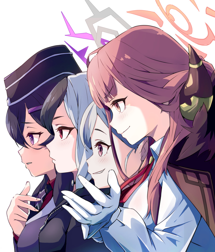 4girls, absurdres, adjusting_clothes, adjusting_gloves, aru_(blue_archive), black_hair, blue_archive, blunt_bangs