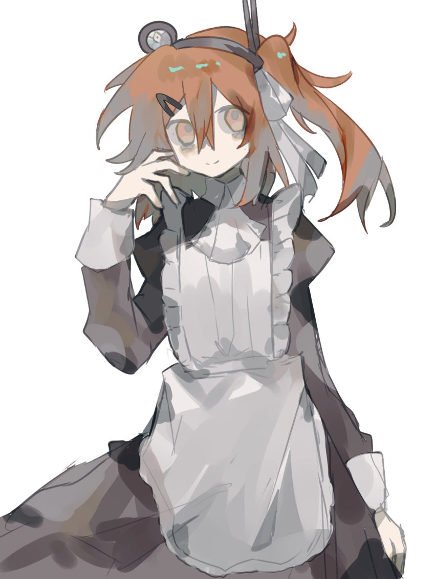 1girl, a.i._voice, adachi_rei, alternate_costume, apron, ascot, bags_under_eyes, black_dress, black_hairband, closed_mouth, collared_dress, dress, enmaided, feet_out_of_frame, hair_between_eyes, hair_ornament, hair_ribbon, hairband, hairclip, hand_to_own_face, hand_up, headlamp, highres, juliet_sleeves, long_sleeves, looking_at_viewer, maid, maid_apron, matsuka, medium_hair, orange_eyes, orange_hair, puffy_sleeves, radio_antenna, ribbon, side_ponytail, simple_background, sleeve_cuffs, smile, solo, utau, white_ascot, white_background, white_ribbon