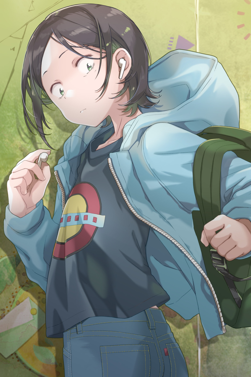 1boy, absurdres, airpods, ass, black_hair, blue_jacket, earphones_removed, green_eyes