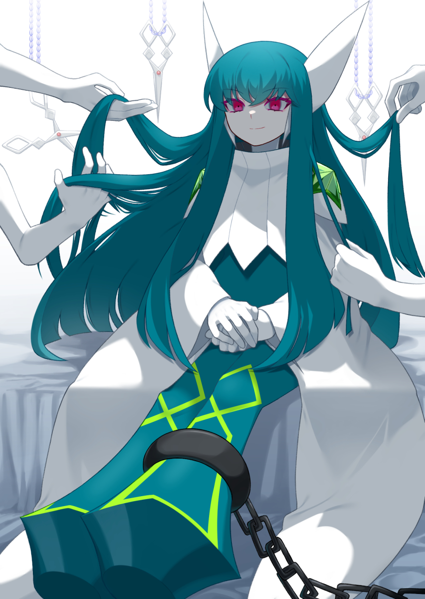 1girl, bed, chain, chained, colored_skin, eyelashes, green_hair, highres, hitotose9, long_hair, mega_man_(series), mega_man_battle_network, on_bed, own_hands_together, playing_with_hair, red_eyes, sitting, slur.exe_(mega_man), smile, solo_focus, white_skin