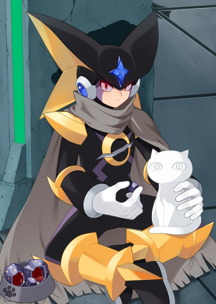 1boy, animal_on_leg, bass.exe_(mega_man), cat, cloak, helmet, highres, hitotose9, looking_at_viewer, male_focus, mega_man_(series), mega_man_battle_network, plate, red_eyes, scar, sitting