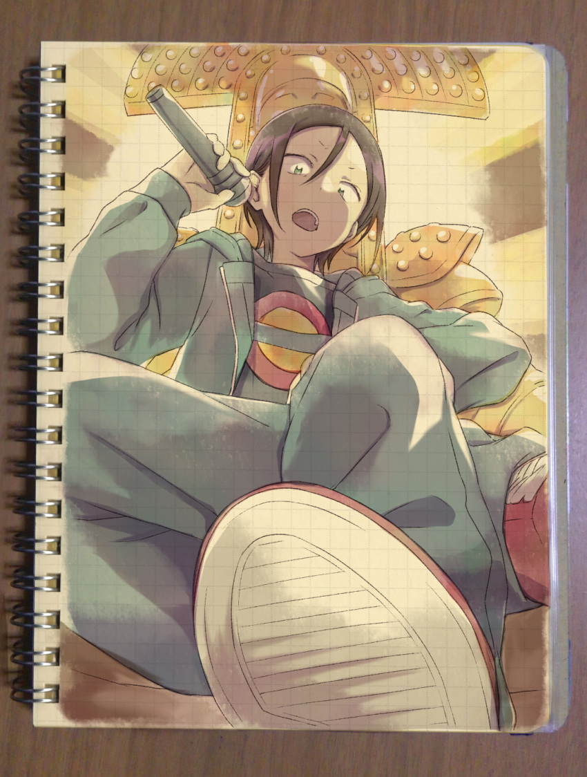 1boy, black_hair, blue_jacket, green_eyes, hekicha, highres, holding, holding_microphone