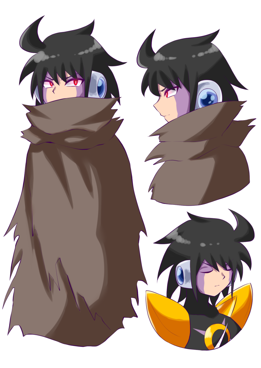 1boy, bass.exe_(mega_man), black_hair, cloak, collage, commentary_request, facepaint, highres