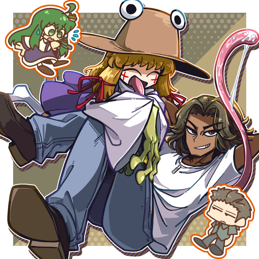 2boys, 2girls, amerika_zarigani, arms_behind_head, blonde_hair, blue_skirt, brown_eyes, brown_footwear, brown_hair, chibi, chibi_inset, closed_eyes, collared_shirt, commentary_request, cookie_(touhou), cross, english_commentary, facepaint, flying_sweatdrops, frog_hair_ornament, full_body, go_(inmu), green_eyes, green_hair, grin, hair_ornament, hair_ribbon, highres, kaibara_elena_(cookie), kochiya_sanae, long_sleeves, long_tongue, looking_at_viewer, majime-kun, manatsu_no_yo_no_inmu, mixed-language_commentary, moriya_suwako, multiple_boys, multiple_girls, open_mouth, parted_bangs, paseri_(cookie), purple_skirt, purple_vest, red_ribbon, ribbon, shirt, shoes, short_hair, single_hair_tube, skirt, sleeves_past_wrists, smile, sweatdrop, tan, tongue, touhou, vest, white_shirt, wide_sleeves