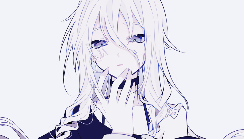 1girl, blue_theme, braid, character_name, choker, collarbone, expressionless, facial_tattoo, hair_between_eyes, half-closed_eyes, highres, ia_(vocaloid), long_bangs, long_hair, looking_at_viewer, messy_hair, mizuame_(mi_rei_817), monochrome, off_shoulder, pale_skin, parted_lips, portrait, raised_eyebrows, shirt, simple_background, single_bare_shoulder, solo, spaghetti_strap, tattoo, twin_braids, vocaloid
